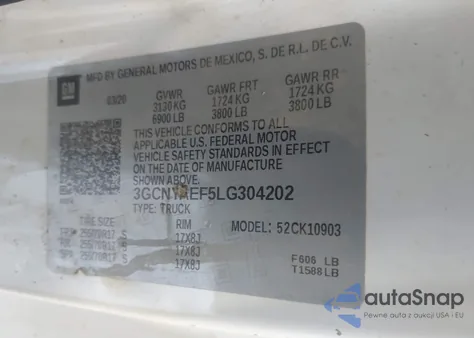 2020 Chevrolet Silverado 1500 4Wd Long Bed Wt z USA, uszkodzony, nr VIN 3GCNYAEF5LG304202